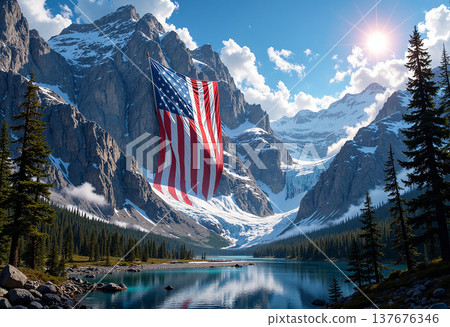Large american flag floating above mountain lake Large american flag floating above mountain lake 137676346
