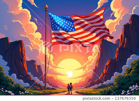 Large american flag flying over mountain valley 137676350
