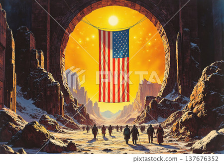Large american flag hanging in rocky canyon arch 137676352