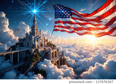 Majestic celestial palace with waving flag above 137676367