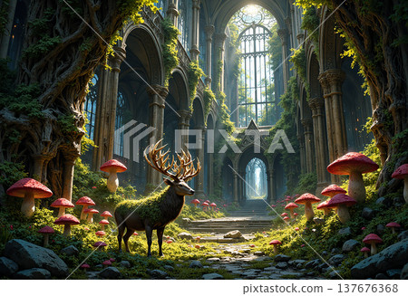 Majestic deer in lush fantasy forest ruins 137676368