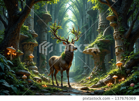 Majestic deer stands in enchanted ancient forest ruins 137676369