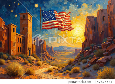 American flag waving over desert canyons and castle 137676374