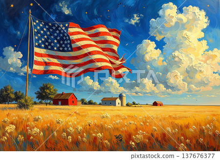 American flag waving over golden field American flag waving over golden field 137676377