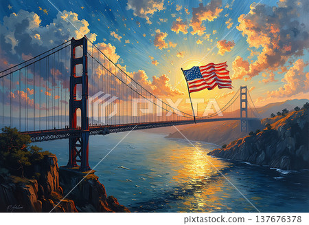 American flag waving over golden gate bridge at sunset 137676378