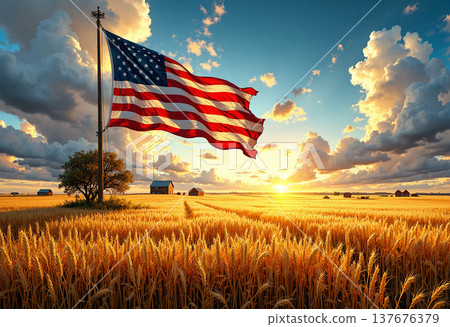 American flag waving over golden wheat field sun 137676379