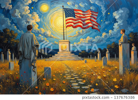 American flag waving over memorial in starry night American flag waving over memorial in starry night 137676386