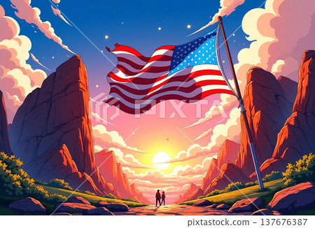 American flag waving over mountains and sunset American flag waving over mountains and sunset 137676387
