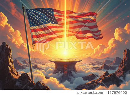 American flag with bright light over futuristic structure 137676400