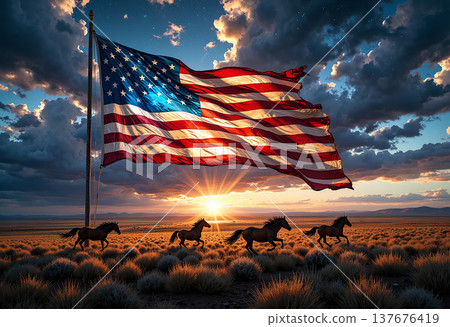 American flag with sunset and wild horses galloping 137676419