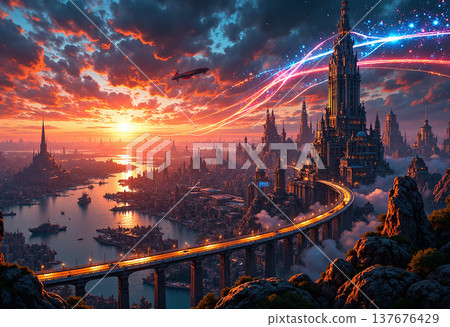 Ancient gothic city with flying ships over river Ancient gothic city with flying ships over river 137676429