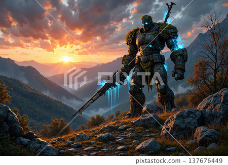 Armored giant with rifle mountain sunrise Armored giant with rifle mountain sunrise 137676449
