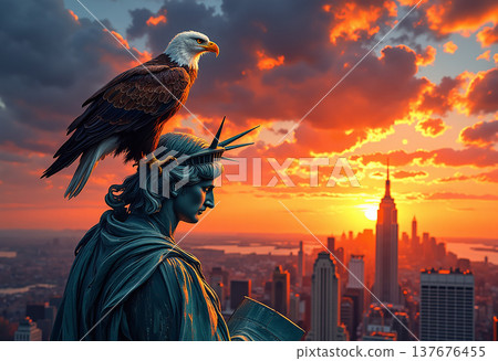 Bald eagle perched on statue of liberty at sunset Bald eagle perched on statue of liberty at sunset 137676455