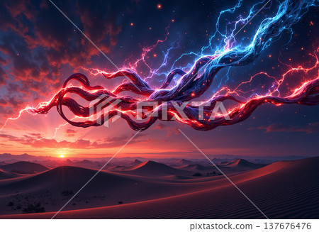 Cosmic desert landscape with vibrant electric energy 137676476