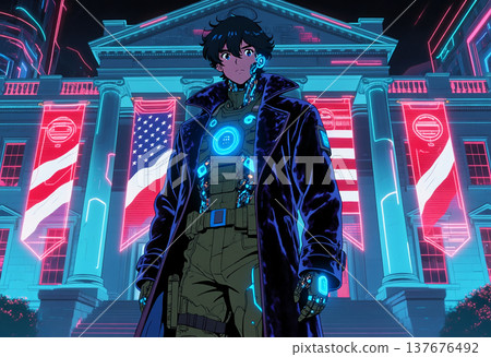 Cybernetic person in front of neon white house 137676492