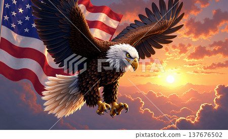 Eagle flies in front of american flag sunset 137676502