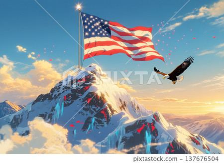 Eagle flies over American flag on snowy mountain 137676504