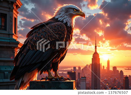 Eagle perched on building overlooking city sunset Eagle perched on building overlooking city sunset 137676507