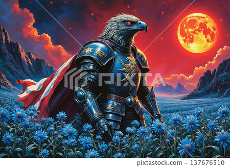 Eagle warrior in knight armor under blood moon Eagle warrior in knight armor under blood moon 137676510