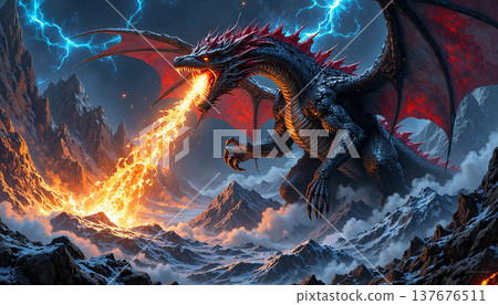 Epic dragon breathing fire in a frozen mountain land Epic dragon breathing fire in a frozen mountain land 137676511