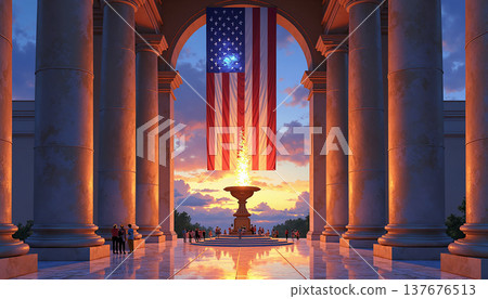 Eternal flame beneath american flag in a grand setting 137676513
