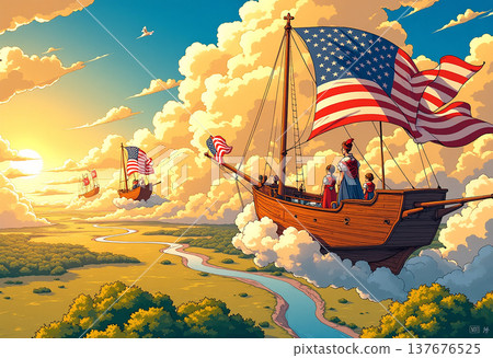 Fantasy wooden ships flying through clouds sunset Fantasy wooden ships flying through clouds sunset 137676525