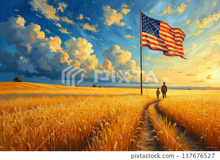 Father and son walk through golden wheat field Father and son walk through golden wheat field 137676527