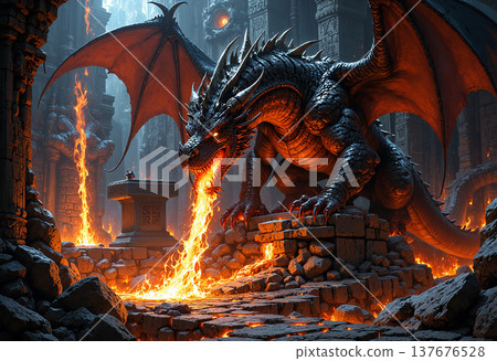 Fearsome dragon breathing fire in ancient stone ruins Fearsome dragon breathing fire in ancient stone ruins 137676528