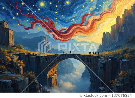 Figures crossing bridge over misty canyons Figures crossing bridge over misty canyons 137676534