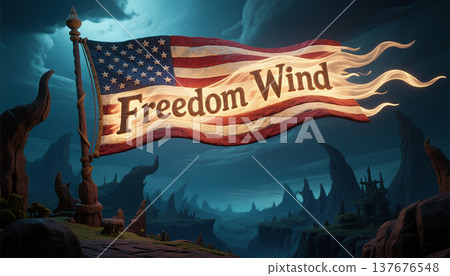 Freedom wind banner against dark landscape Freedom wind banner against dark landscape 137676548