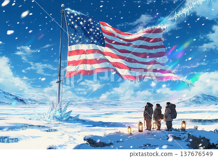 Frozen american flag in snowy winter arctic scene Frozen american flag in snowy winter arctic scene 137676549