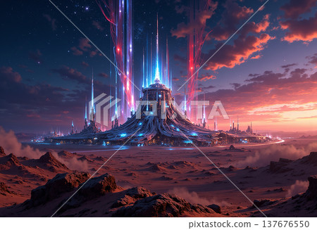 Futuristic alien city skyline at sunset with towers Futuristic alien city skyline at sunset with towers 137676550