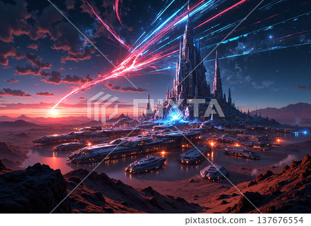 Futuristic city landscape with glowing energy beams Futuristic city landscape with glowing energy beams 137676554