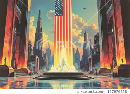 Futuristic city with american flag and water feature Futuristic city with american flag and water feature 137676558