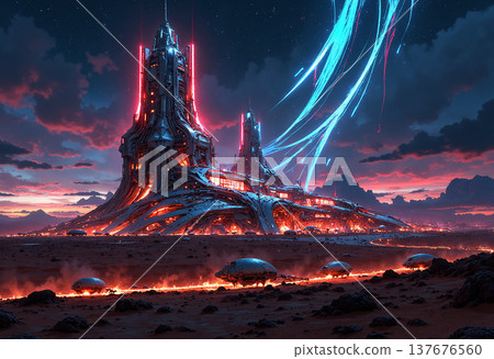 Futuristic city with neon lights and alien vehicles Futuristic city with neon lights and alien vehicles 137676560