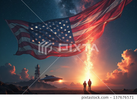Giant american flag hovering over mysterious landscape 137676571