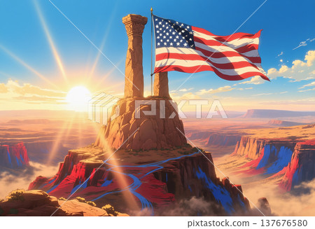 Giant flag waving atop desert mesa plateau peaks 137676580