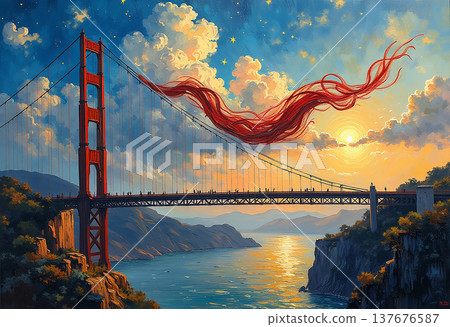 Golden gate bridge with red flowing fabric at sunset Golden gate bridge with red flowing fabric at sunset 137676587