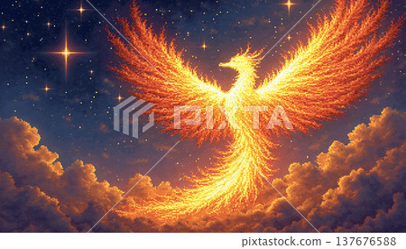 Golden phoenix bird soaring through sunset clouds Golden phoenix bird soaring through sunset clouds 137676588