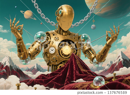 Golden robot manipulating cosmic threads above mountains Golden robot manipulating cosmic threads above mountains 137676589