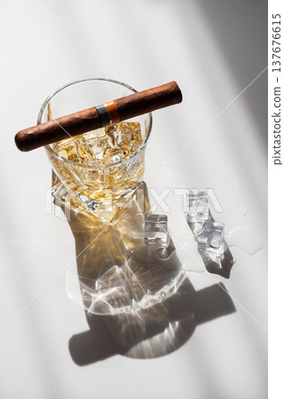 Whiskey Glass with Cigar. Luxurious Bar Ambience Whiskey Glass with Cigar. Luxurious Bar Ambience 137676615
