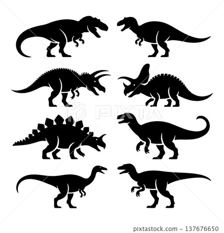 Various dinosaur silhouettes showcasing different species in a creative black design for educational or artistic purposes Various dinosaur silhouettes showcasing different species in a creative black design for educational or artistic purposes 137676650