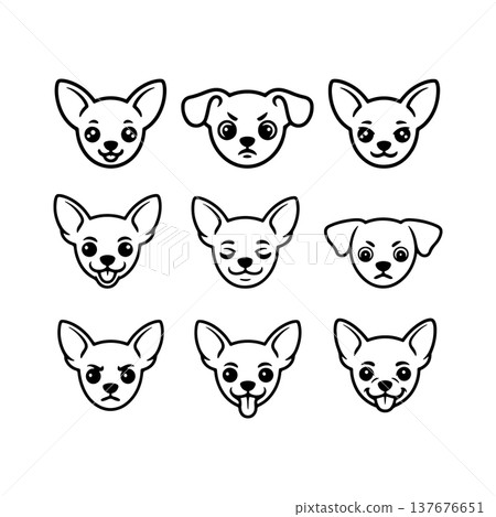 Charming collection of chihuahua faces exhibiting various emotions and expressions on a simple background Charming collection of chihuahua faces exhibiting various emotions and expressions on a simple background 137676651