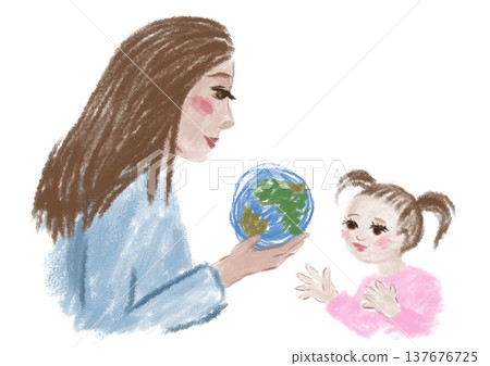 Woman giving planet Earth to little girl childlike illustration symbolizing hope for the future care for the planet environmental responsibility generational connection and protection of the world Woman giving planet Earth to little girl childlike illustration symbolizing hope for the future care for the planet environmental responsibility generational connection and protection of the world 137676725