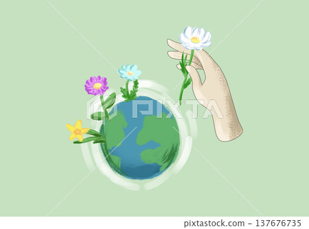 Glowing planet Earth surrounded by colorful flowers with gentle human hand placing a daisy, symbolizing peace, environmental care, global harmony, hope for a safe world and eco protection concept i Glowing planet Earth surrounded by colorful flowers with gentle human hand placing a daisy, symbolizing peace, environmental care, global harmony, hope for a safe world and eco protection concept i 137676735