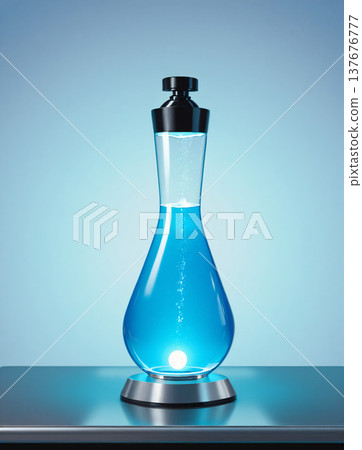 實驗室裡一個裝有發光藍色化學溶液的燒瓶：這是科學實驗和生物技術的概念。 137676777