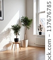 明亮客廳角落的一盆綠植與木地板 137676785