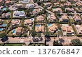 Aerial view shows many houses with swimming pools surrounded by trees and roads in a residential area on a sunny day. People enjoy outdoor activities 137676847