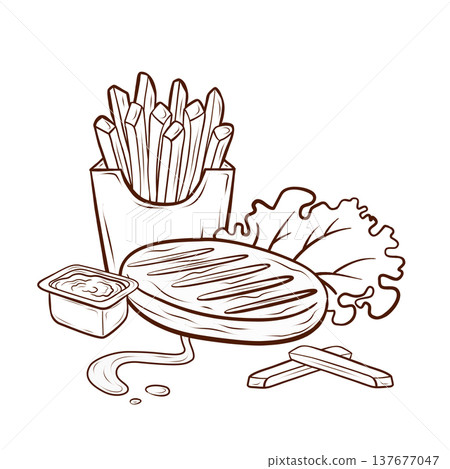 French fries, patty, sauce, and salad.Vector fast food illustration in engraving style. A set of elements for menu design, packaging, branding, posters and cafe marketing materials. French fries, patty, sauce, and salad.Vector fast food illustration in engraving style. A set of elements for menu design, packaging, branding, posters and cafe marketing materials. 137677047