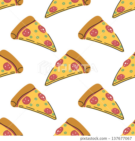 A cute seamless pattern with pepperoni pizza slices. Background, food packaging, notebook covet template. A cute seamless pattern with pepperoni pizza slices. Background, food packaging, notebook covet template. 137677067